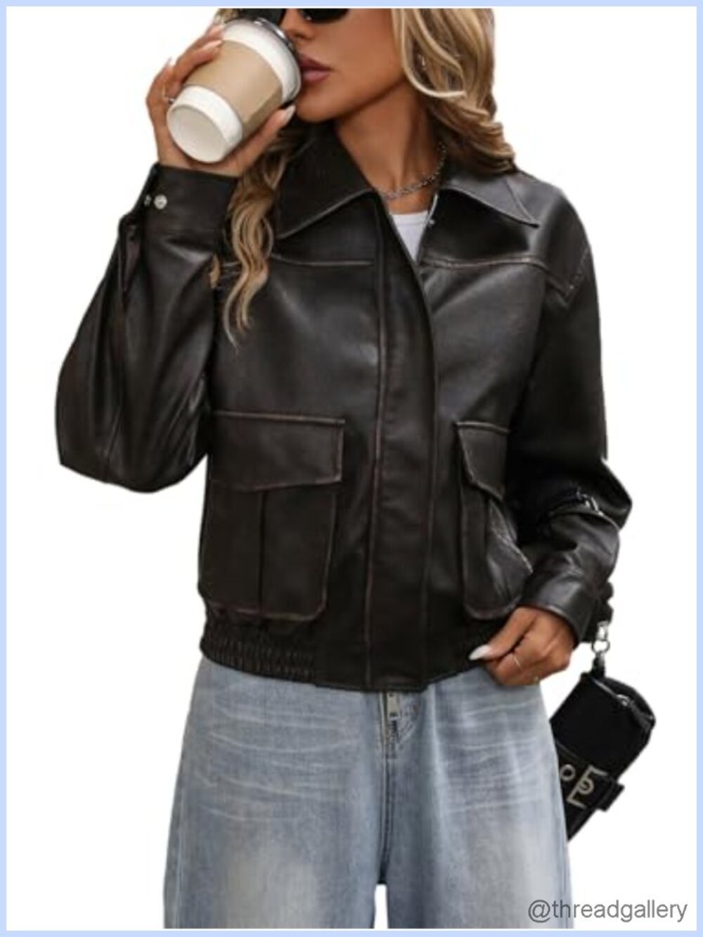 Women's Faux Leather Distressed Bomber Jacket Aviator Biker Coat
